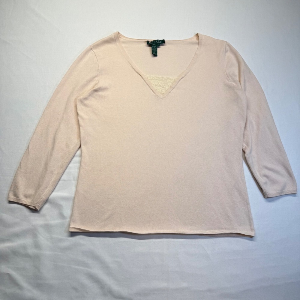 Lauren Ralph Lauren‎ Silk Blend Sweater Lace Trim Preppy Quiet Luxury Top L